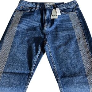 Topshop Moto size 30 blue high rise jeans silver studded tux stripe bling